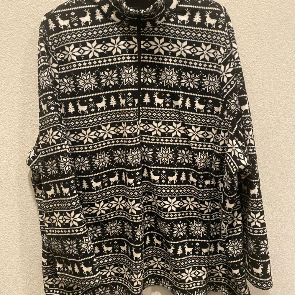 Lands End Women's Black and White Reindeer Fleece Pullover